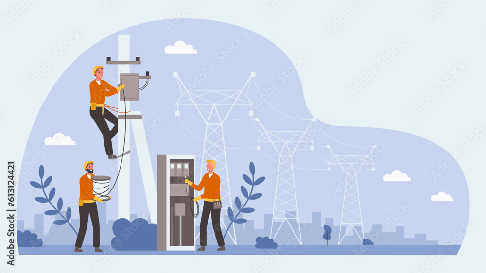 Electric workers team. Transformer service, electrical power lines technician work and box power repairs teamwork vector illustration Electric workers team. Transformer service, electrical power lines technician work and box power repairs teamwork vector illustration