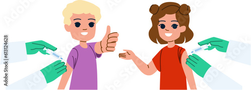 vaccination kid vector. child mask, girl doctor, flu covid, boy children, injection coronavirus vaccination kid character. people flat cartoon illustration