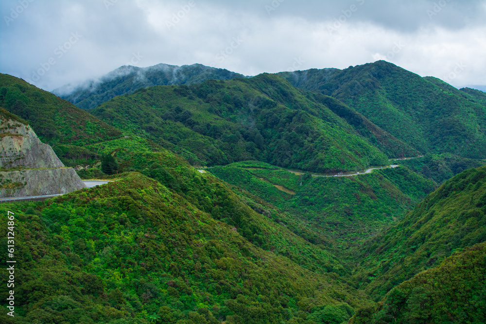 Mountain road winding along a green gorge with forest in the mountains. Aerial view over green hills, trees, road, and steep cliffs. Low clouds over Remutaka Crossing, North Island, New Zealand