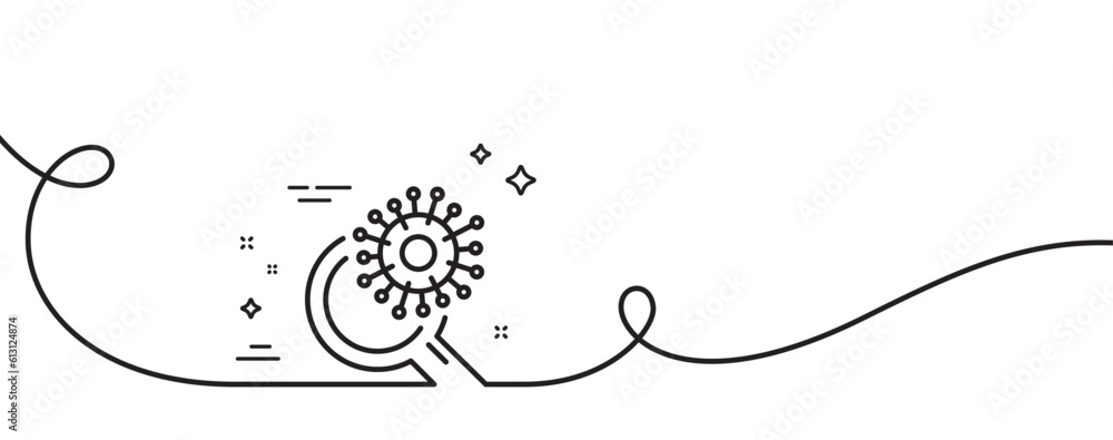 Coronavirus research line icon. Continuous one line with curl. Search Covid-19 virus vaccine sign. Corona virus test symbol. Coronavirus research single outline ribbon. Loop curve pattern. Vector