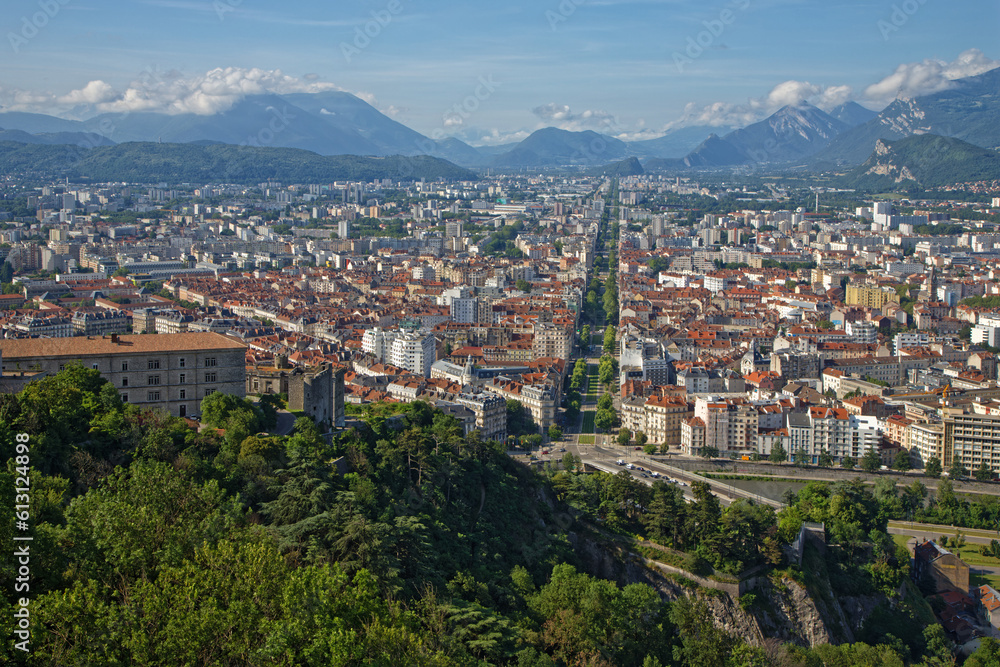 GRENOBLE, FRANCE, June 12, 2023 : The city as seen from the fortress of La Bastille, overlooking the flattest city in France.