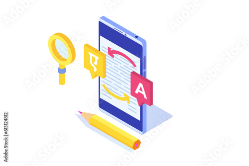 Online multi language translator app. Multilingual communication isometric concept. Vector illustration.