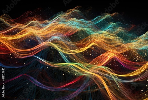 Abstract futuristic vibrant illuminated coloured sound waves texture background. Generated with AI technology.