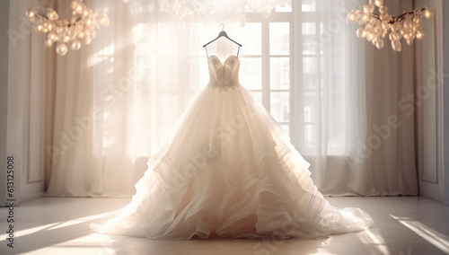 Valokuva Closeup wedding dress in bridal room background