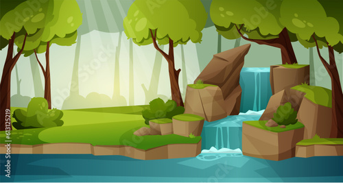 Mountain waterfall landscape. Tropical rainforest water cascade on cliff with splashes foliage stones, river stream on rock cartoon style. Vector illustration