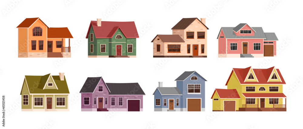 Cartoon American suburban houses. Home exterior, suburbs neighborhood buildings and real estate vector illustration set