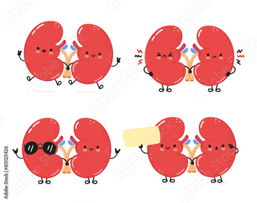 Kidneys organ characters bundle set. Vector hand drawn doodle style cartoon character illustration icon design. Cute kidneys organ mascot character collection