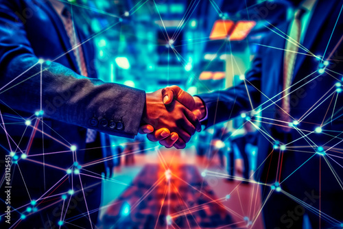 The businessmen confirm the agreement with a handshake. Technology can bring people and business together. Generative AI