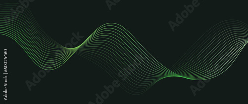 Glowing wave line on dark. Futuristic vector illustration of shiny flowing stream. Elegant abstract dark green motion background.