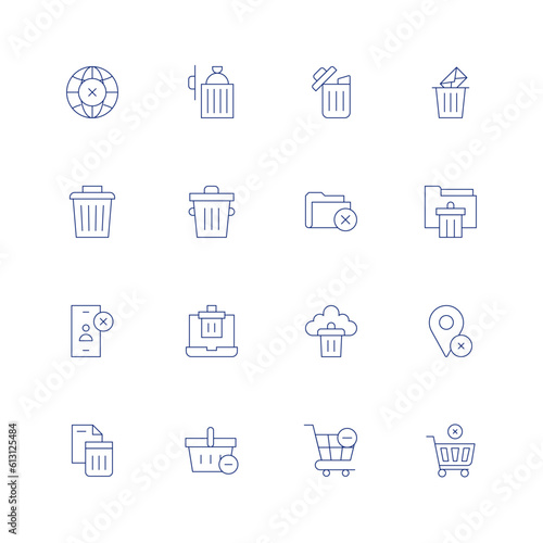 Delete line icon set on transparent background with editable stroke. Containing world, trash can, delete, email, trash, folder, unfriend, paper bin, pin, shopping basket, shopping cart.
