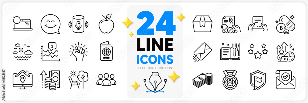 Icons set of Package box, Deckchair and Work home line icons pack for app with Savings, Smile face, Riboflavin vitamin thin outline icon. Dog competition, Recipe book, Receive file pictogram. Vector