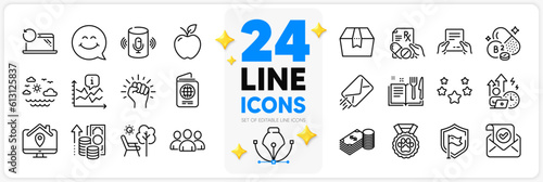 Icons set of Package box, Deckchair and Work home line icons pack for app with Savings, Smile face, Riboflavin vitamin thin outline icon. Dog competition, Recipe book, Receive file pictogram. Vector
