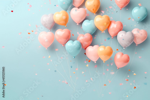 Colorful pastel heart shape balloons. Generative AI.