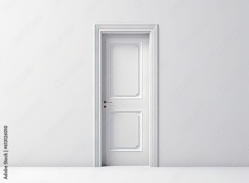 Modern white door. Grey wall with free space. Minimalist bright interior created with Generative AI technology. Modern white door. Grey wall with free space. Minimalist bright interior created with Generative AI technology.