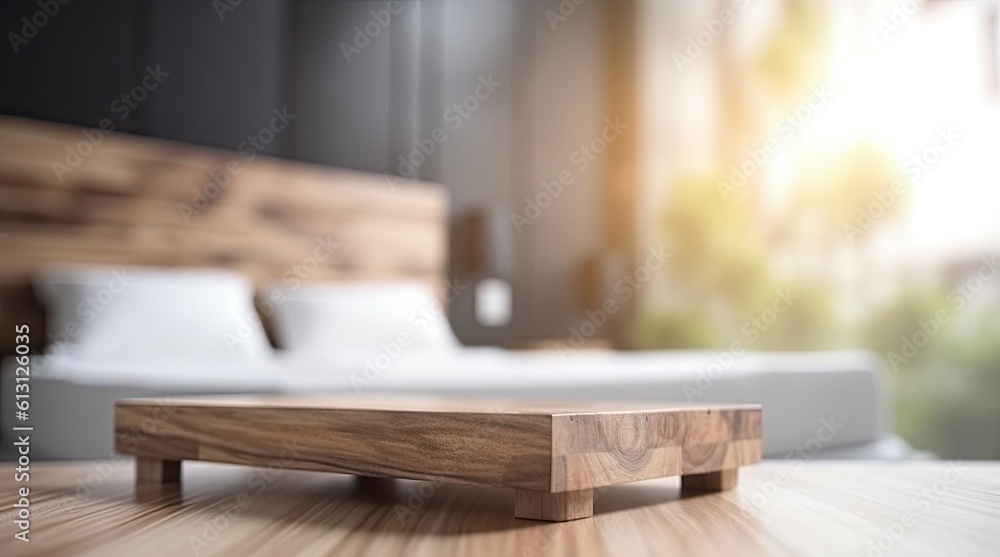 Wooden Board with Blurred Bedroom Interior Background and Copy Space for Product