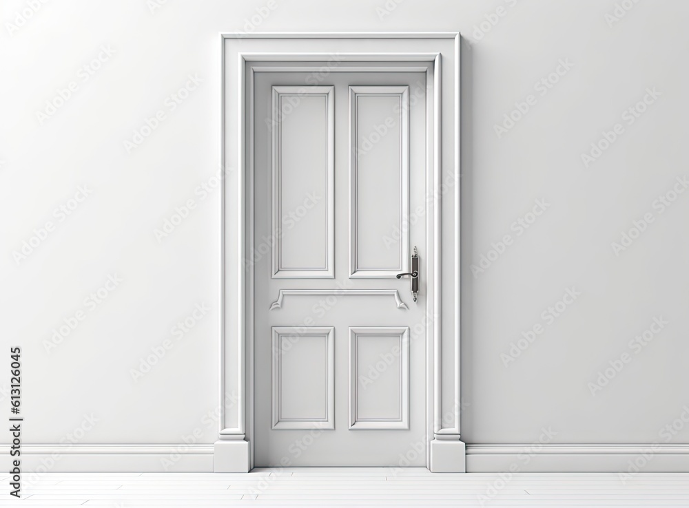 Modern white door. Grey wall with free space. Minimalist bright interior created with Generative AI technology.