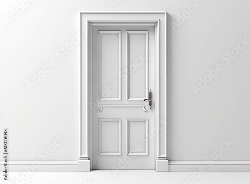 Modern white door. Grey wall with free space. Minimalist bright interior created with Generative AI technology. © pvl0707