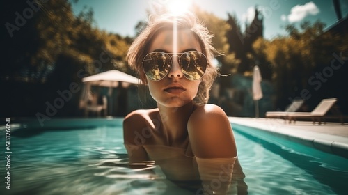 Beautiful girl, tanning luxuriously by a bright sun-kissed pool. Generative AI