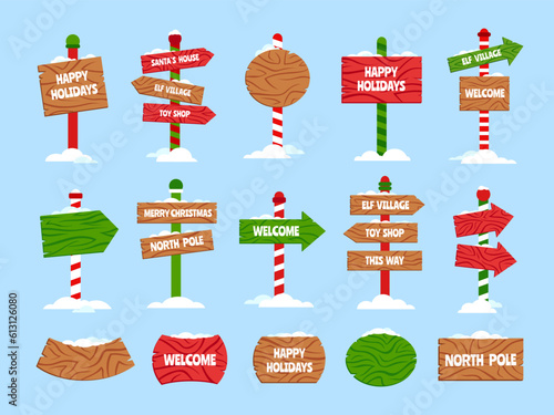 Snowy Christmas wooden signs. Happy winter holidays, Santas house, Xmas elf village, toy shop and welcome pointers with snow caps cartoon vector set