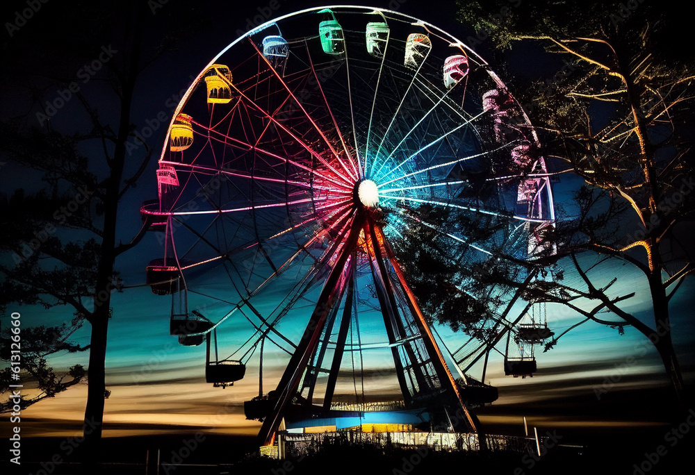 The large Observation Wheel glows with colorful lights at night. AI Generated