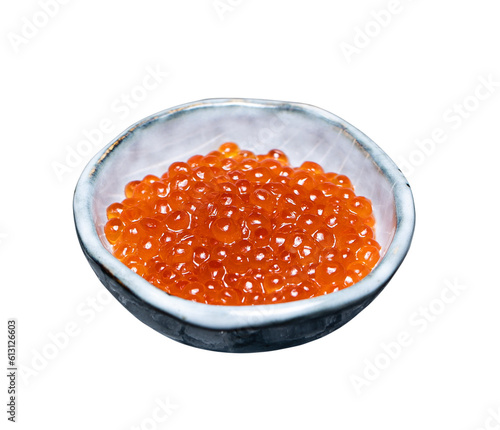 Red fresh grainy salmon caviar in a plate on white background with clipping path. Full Depth of field. Focus stacking. PNG