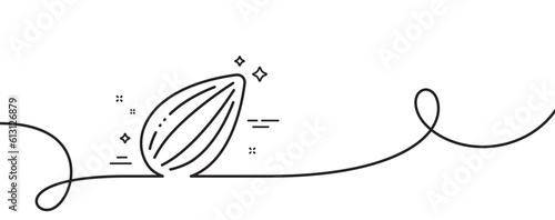 Almond nut line icon. Continuous one line with curl. Tasty nuts sign. Vegan food symbol. Almond nut single outline ribbon. Loop curve pattern. Vector