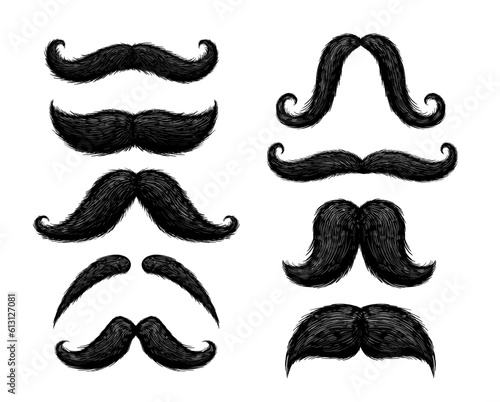 Hand drawn mustache. Old-fashioned curly Hipster bushy mustaches, vintage facial hair barber styles and retro gentleman symbol vector illustration set