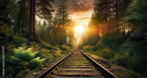 landscape on the railway tracks. Trees along the railway created with Generative AI technology