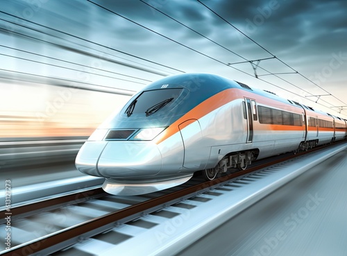 High speed train in motion. Modern intercity passenger train with motion blur effect on the railway platform. created with Generative AI technology