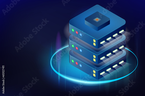 Isometric cloud server isolated on blue. Datacenter storage objects. Network server room