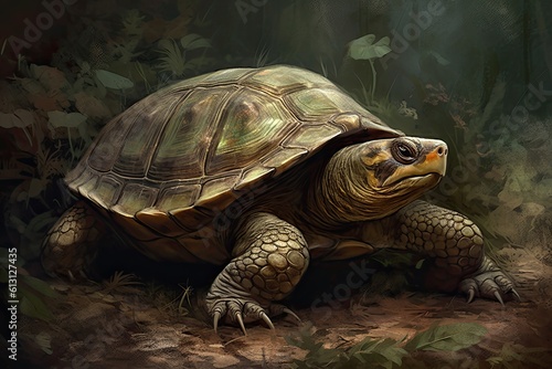 An illustration of a cartoon turtle on the ground in light brown and green colors. Generative AI