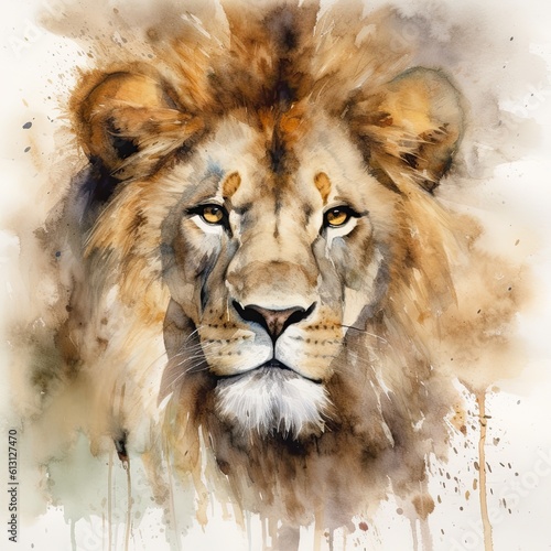 A watercolor painting of the head of an elegant lion, the king of the jungle, in dark beige and golden colors. Generative AI