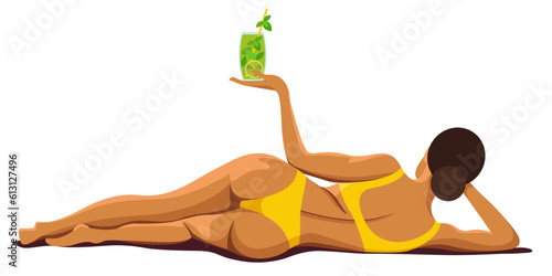 vector image on the theme of summer holidays. a woman in a yellow swimsuit lies on the beach with a cocktail in her hand, sunbathes, rests, relaxes in a tropical resort. isolated on white background.