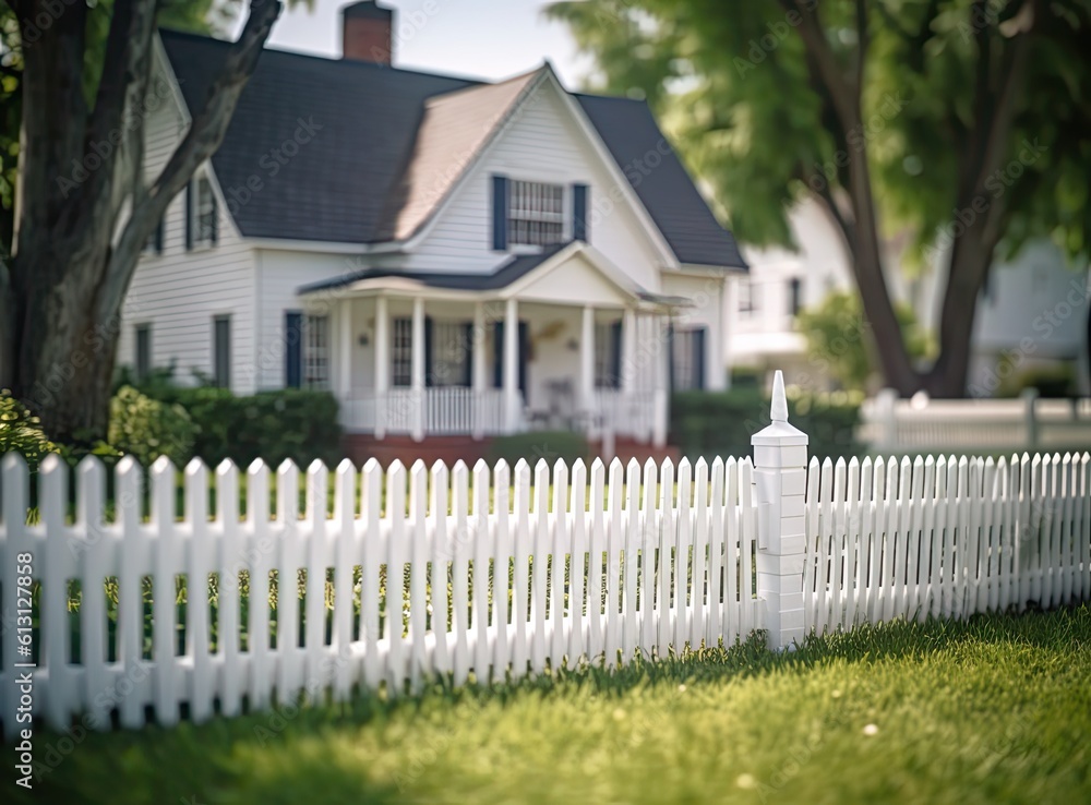 A fragment of a white vinyl fence. Fencing of the house territory Copy space created with Generative AI technology A fragment of a white vinyl fence. Fencing of the house territory Copy space created with Generative AI technology