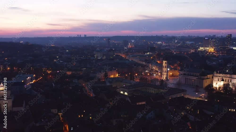 Drone aerial view of Vilnius old town in the evening. Beautiful sky in the background. Vilnius, Lithuania - 05 15 2023. Drone aerial view of Vilnius old town in the evening. Beautiful sky in the background. Vilnius, Lithuania - 05 15 2023.