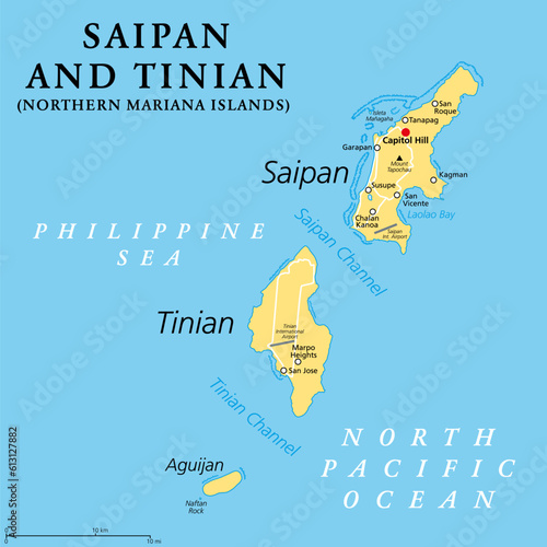 Saipan and Tinian, Northern Mariana Islands, political map. Islands of the Mariana Archipelago. Unincorporated territory and commonwealth of the United States, with administrative center Capitol Hill.