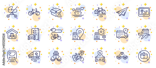 Outline set of Select flight, Bike and Paper plane line icons for web app. Include Delivery warning, Ambulance transport, Charging station pictogram icons. Baby carriage, Gps. Vector