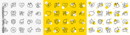 Outline Online discounts, Ice cream and Map line icons pack for web with Smile face, Opened gift, Journey line icon. Moon, Sale offer, Puzzle pictogram icon. Luggage protect, Love heart. Vector