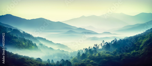 Abstract landscape of rain forest or evergreen forest with mountain layer in mist.beautiful nature background. ecology and environment.generative ai art © Limitless Visions