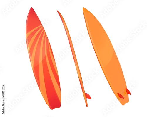 Bild auf Leinwand 3D Rendering Orange Surfboard Front, Side And Back View Isolated On Transparent