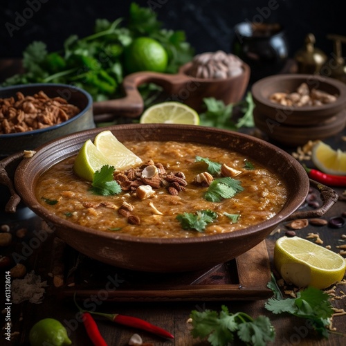 Close-up of Pakistani Haleem (meat and lentil stew) with Paratha Bread
