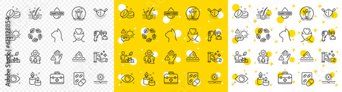 Outline Organic tested, First aid and Spf protection line icons pack for web with No sun, Eco bike, Washing hands line icon. Anti-dandruff flakes, Capsule pill, Family insurance pictogram icon. Vector
