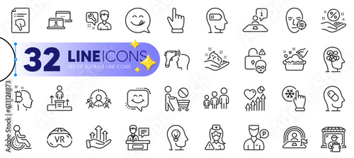 Outline set of Valet servant, Stress and Business podium line icons for web with Smile chat, Depression treatment, Yummy smile thin icon. Weariness, Electronic thermometer. Vector