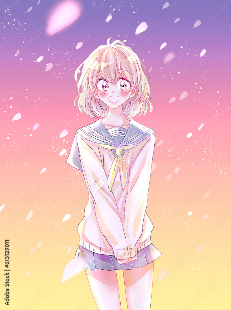 セーラー服の女子学生　桜吹雪　夕暮れ