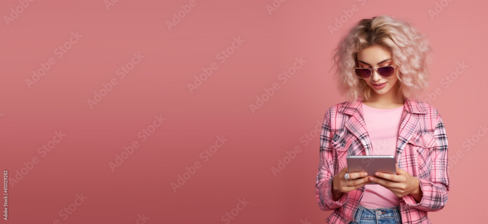 Photo of pretty positive lady wear checkered jacket reading modern device empty space isolated pink color background ,text copyspace banner background. Generative ai Photo of pretty positive lady wear checkered jacket reading modern device empty space isolated pink color background ,text copyspace banner background. Generative ai