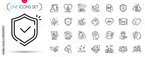 Pack of Heartbeat, Medical mask and Doctor line icons. Include Clean skin, Life insurance, Mineral oil pictogram icons. Shield, Calories, Pillow signs. Electric bike, Social distance. Vector