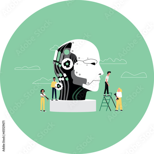 illustration sur l'intelligence artificielle avec des personnages qui construisent une tête de robot
