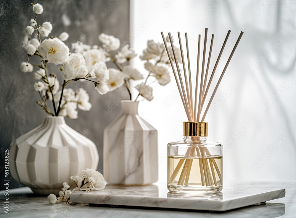 Fototapeta premium Reed diffuser and vase with bouquet on wooden nightstand in bedroom. Created with Generative AI technology