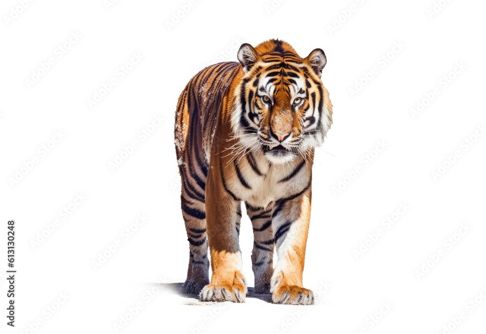 Obraz premium Tiger prowling, approaching and looking at the camera, isolated created with Generative AI technology