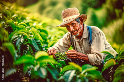 Old man picking coffee from a coffee plantation in South America